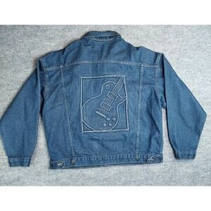 Vintage Tyca Denim Jean Jacket Mens 2XL Embossed Back Guitar Trucker USA 90's